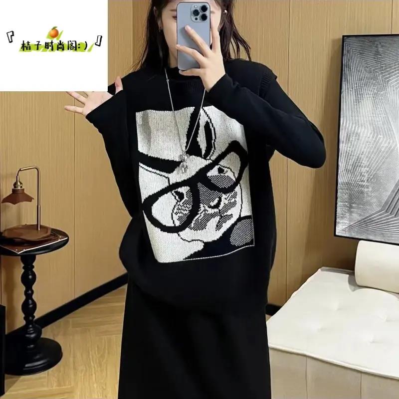 秋冬慵懒风个性印花叠穿针织马甲+打底衫套装2023款宽松背心