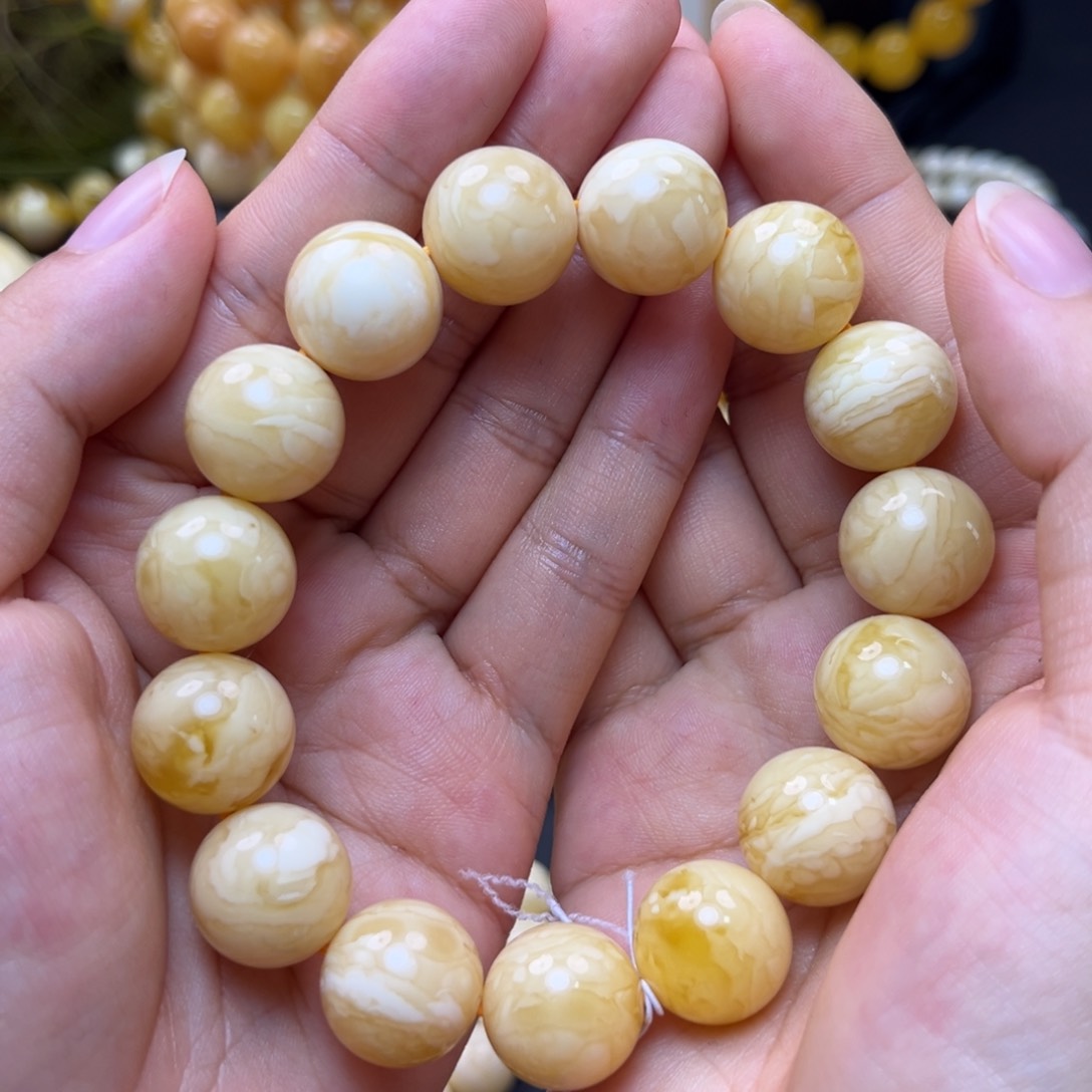 琥珀裸石未镶嵌15mm同料白奶咖虎皮纹
