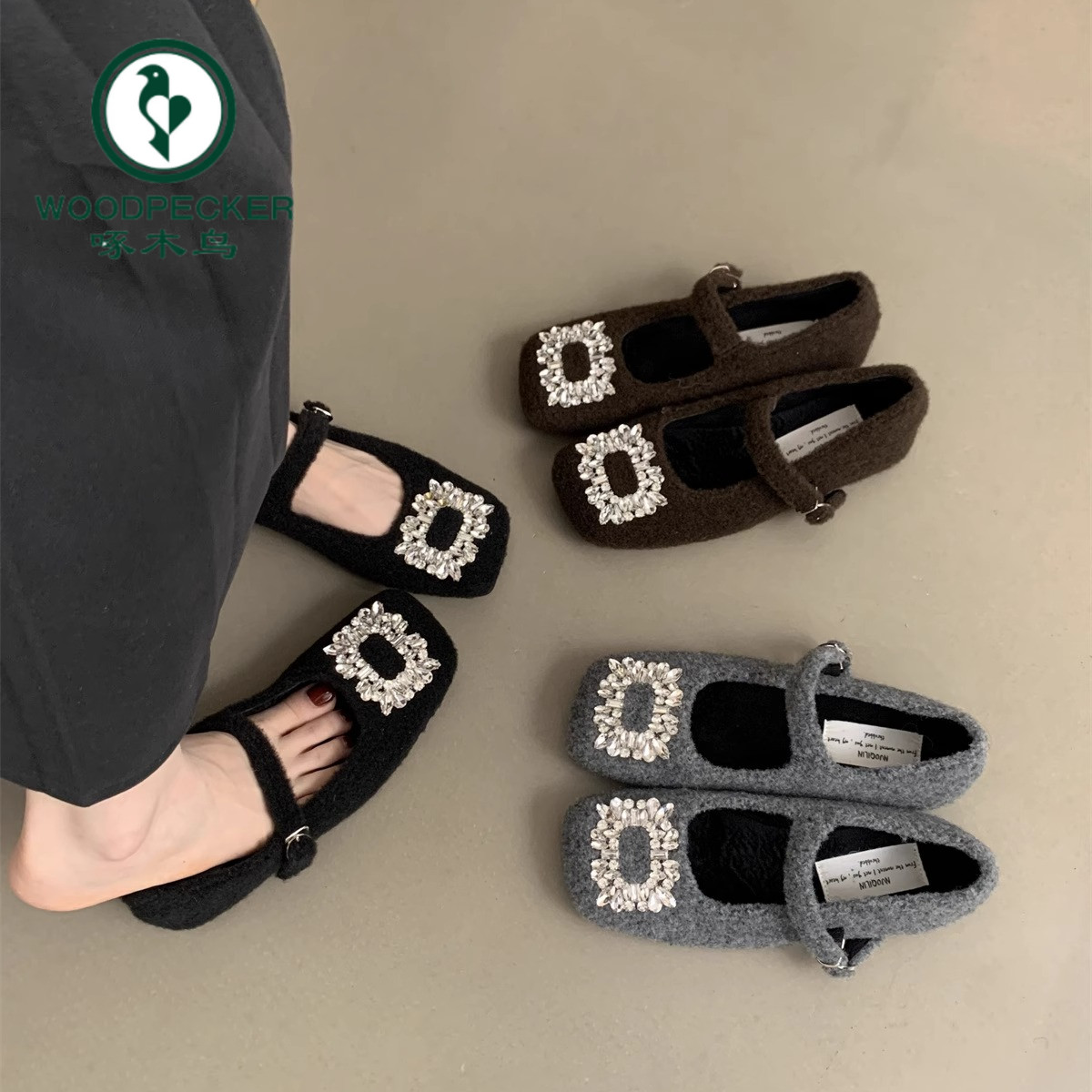 啄木鸟气质玛丽珍鞋女加绒法式晚风方头水钻呢子毛毛鞋女冬单鞋子