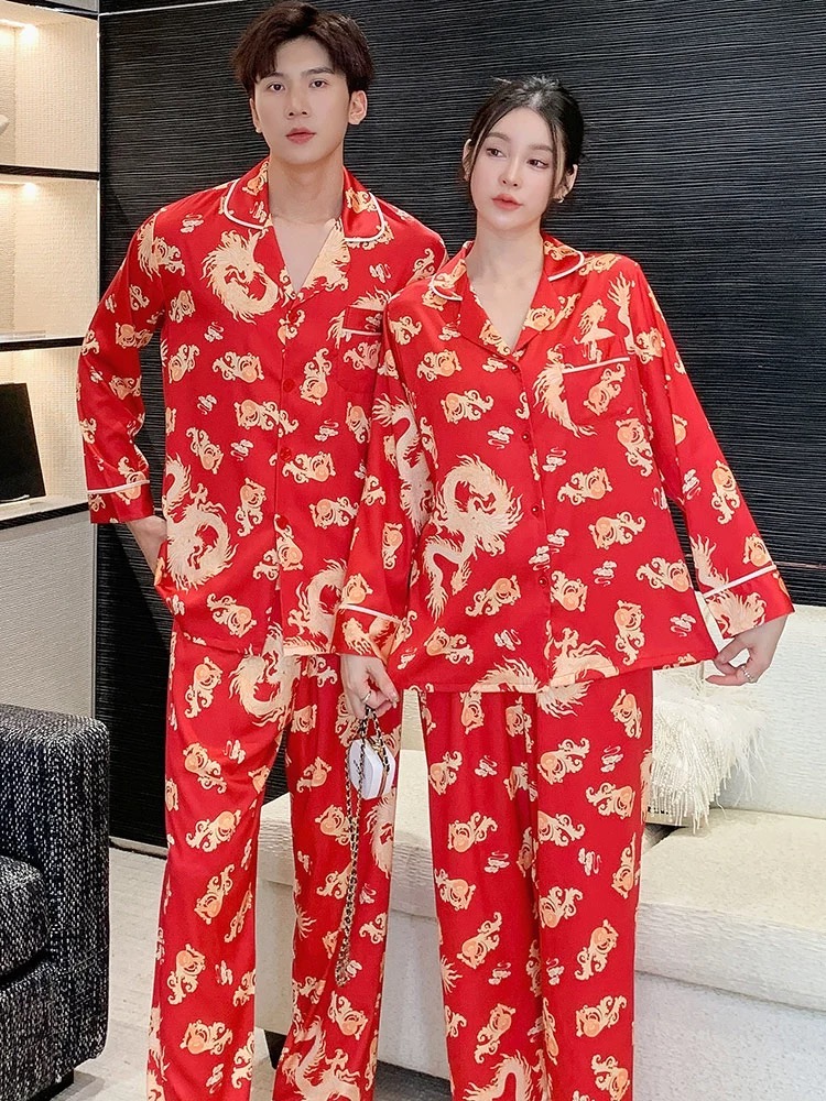 【龙凤呈祥】情侣软丝睡衣男女春秋新款网红风长袖外穿家居服女秋冬