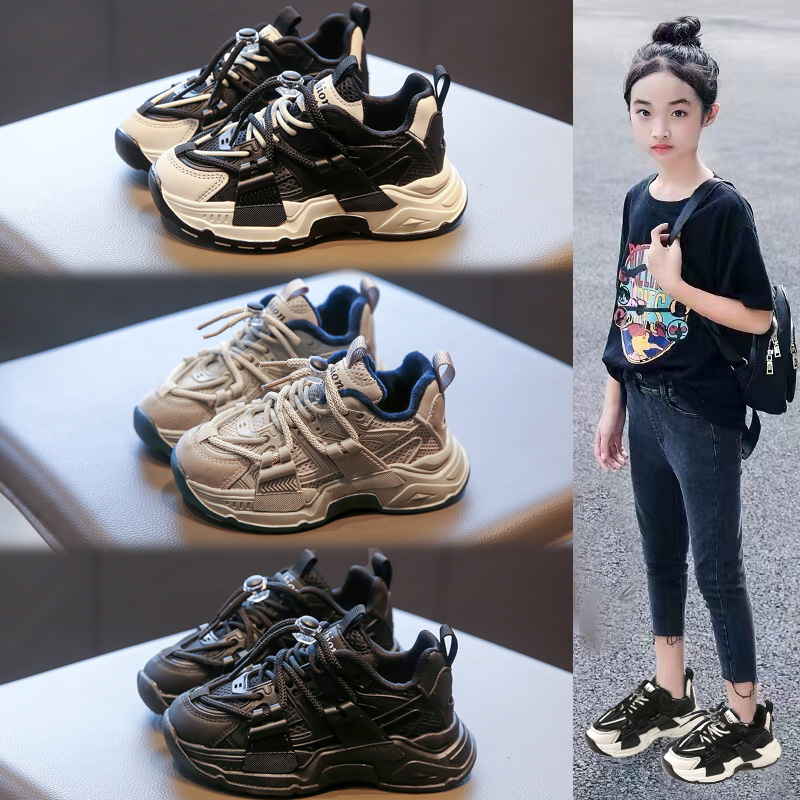 回力瑞女童老爹鞋2023新款春秋中大童运动鞋防滑软底透气黑色男童