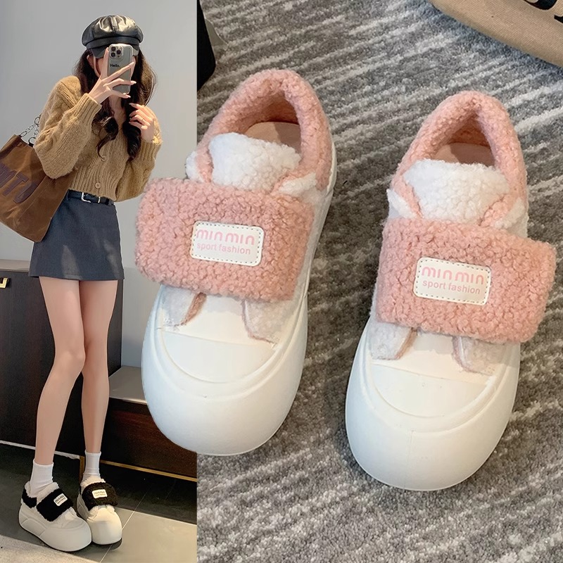 回力瑞魔术贴粉色帆布鞋女2023新款冬季板鞋厚底加绒毛毛二棉鞋
