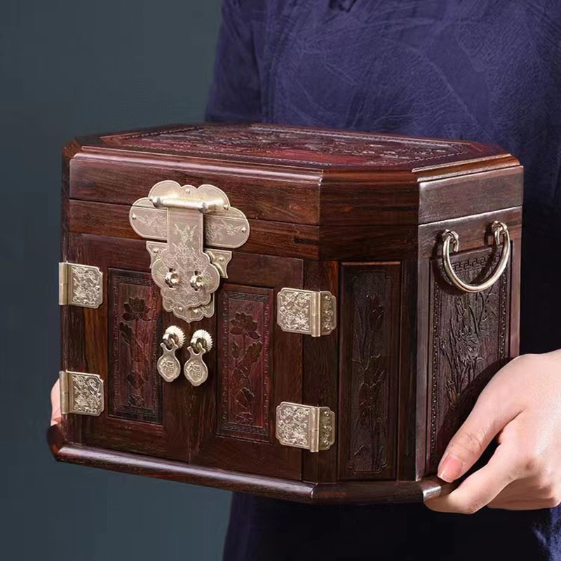 老挝大红酸枝花好月圆首饰盒珠宝收纳盒中式实木多层家用结婚礼品