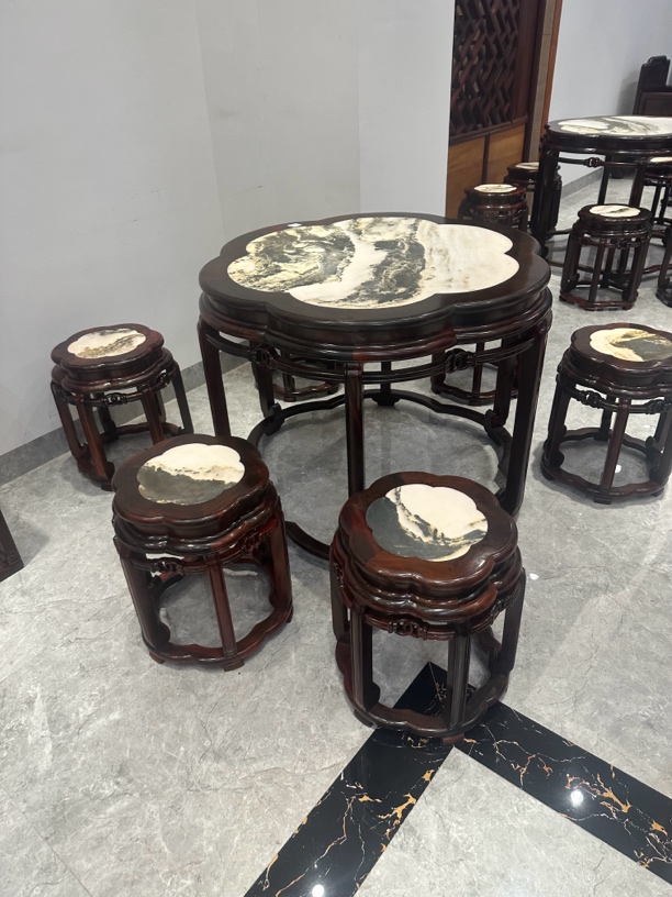 云石梅花餐桌七件套轻奢简约家用酒店别墅餐厅圆形
