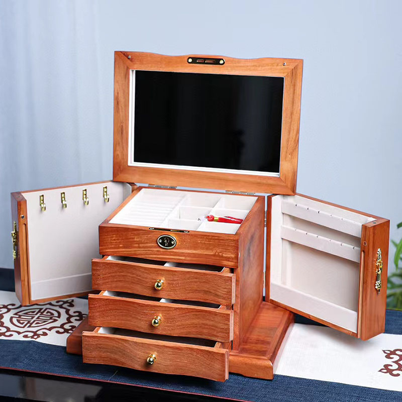 缅甸花梨素面多层首饰盒全锁实木大容量红木梳妆盒饰品项链收纳盒
