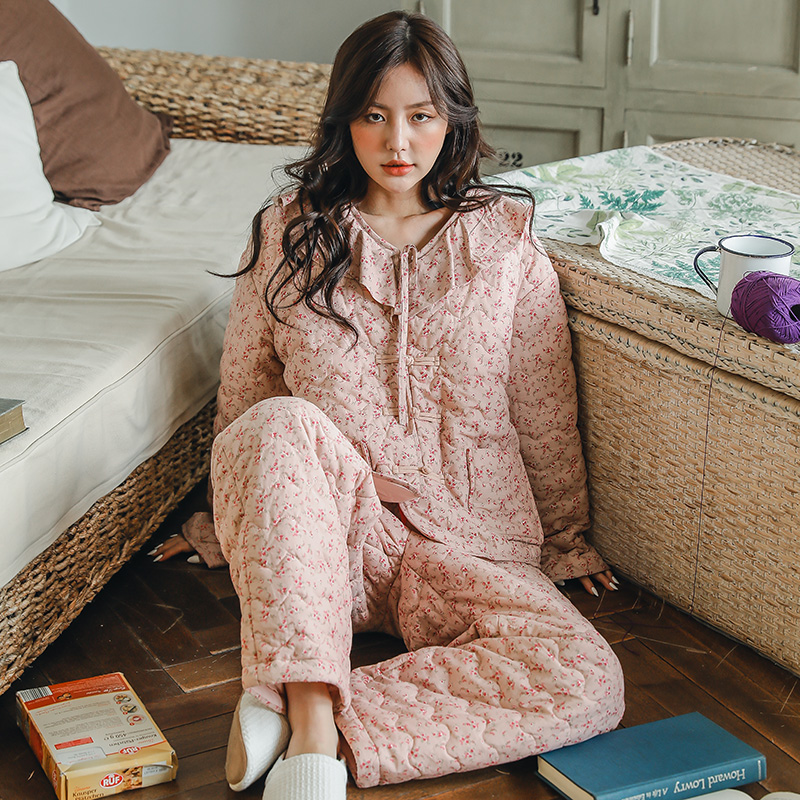 族玛士睡衣女冬季冬天三层夹棉袄加厚加绒小碎花棉家居服秋冬款