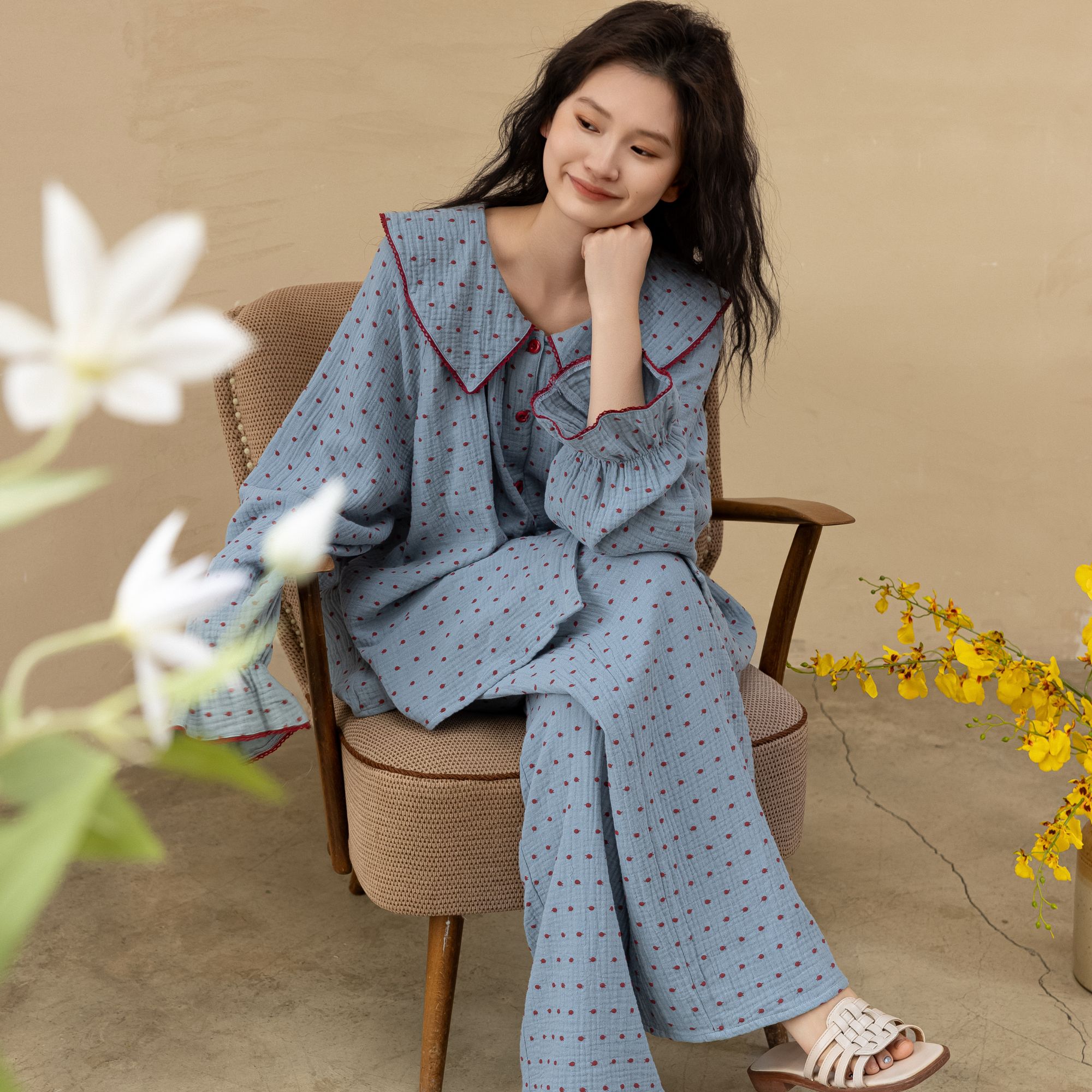 族玛士春秋季纯棉睡衣女士套装蓝色纱布大码长袖娃娃领薄款家居服
