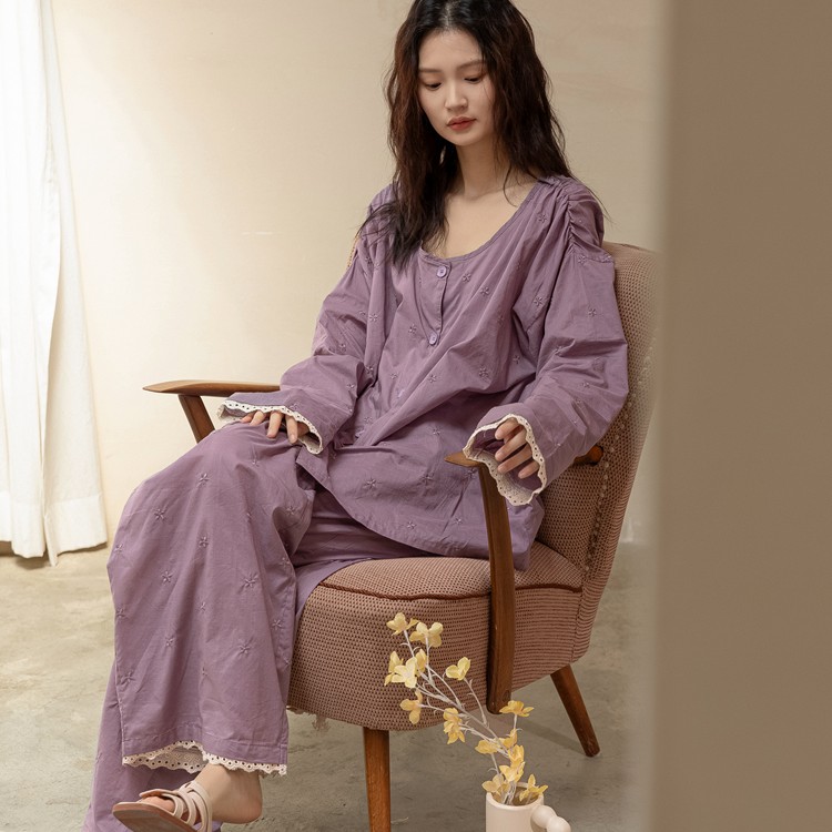 族玛士春秋季纯棉夏睡衣女士紫色刺绣长袖长裤大码宽松家居服套装