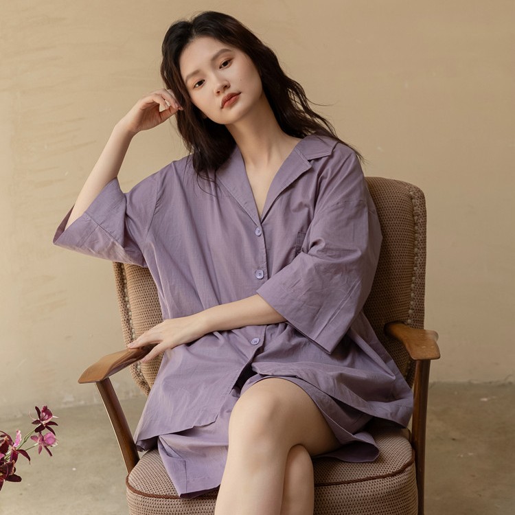 族玛士春夏季纯棉睡衣女短袖短裤衬衫紫色薄款宽松法式家居服纯色