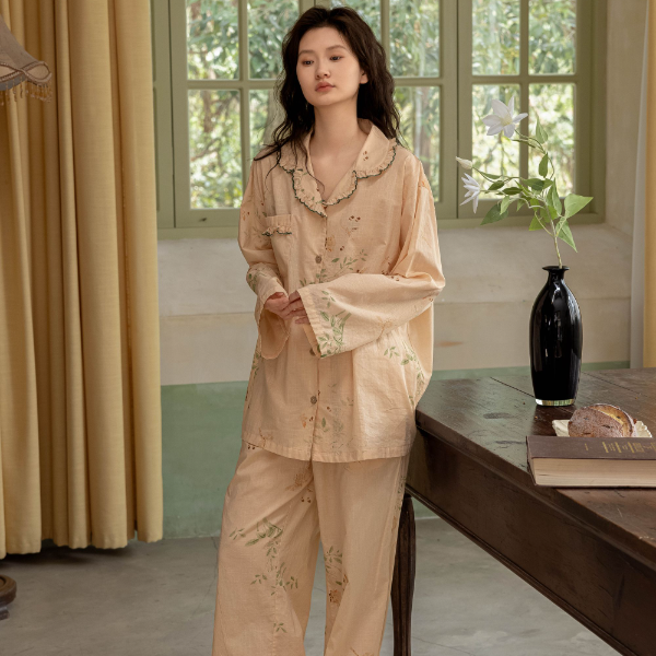 族玛士春夏睡衣女士长袖纯棉夏天碎花宽松衬衫套装家居服薄款春秋