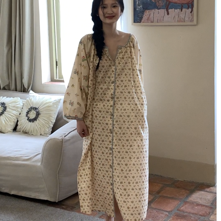 族玛士春秋睡衣女士纯棉复古碎花居家开衫裙可外穿薄款居家睡裙女