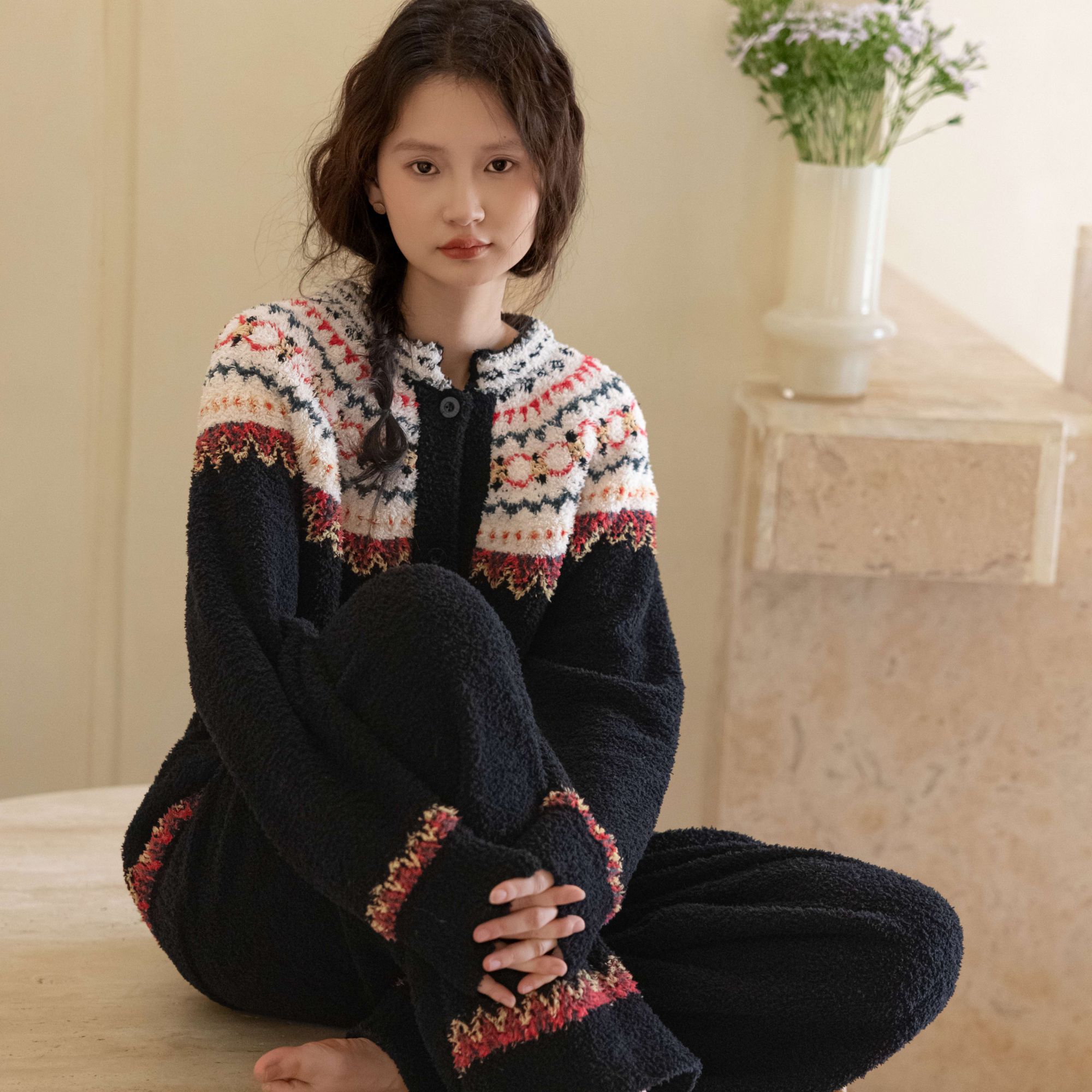 族玛士秋冬睡衣女士半边绒针织毛衣复古加厚保暖套装可外穿家居服