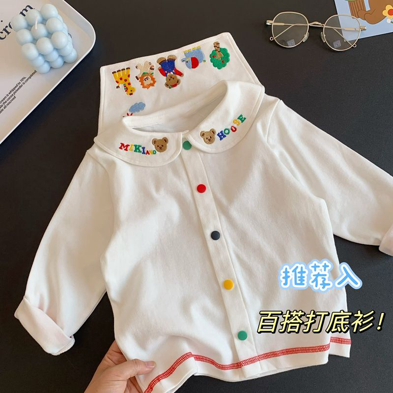 新款棉长袖t打底衫!儿童宝宝可爱卡通刺绣翻领衬衣上衣T恤潮