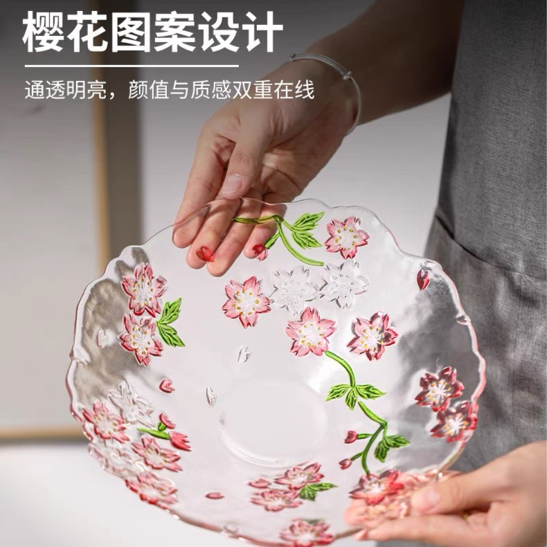 手绘樱花器玻璃盘日式水晶玻璃盘家用创意高档果盘果碗沙拉碗花瓶