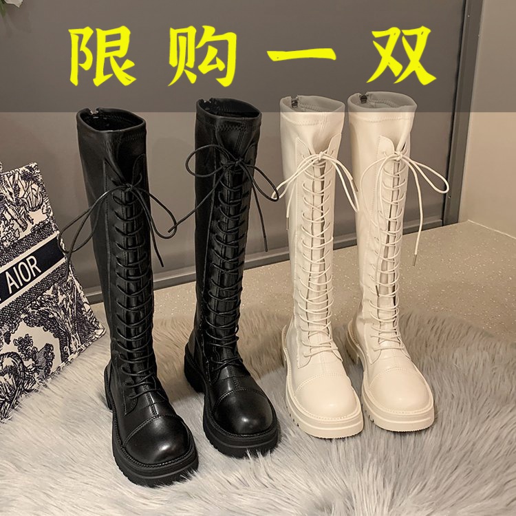 红蜻蜓牌长筒靴女秋冬新款韩版系带后拉链高筒瘦瘦靴骑士靴网红