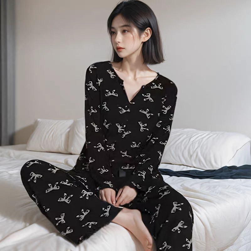 韩版长袖长裤V领长裤睡衣家居服套装印花家居服女士套装