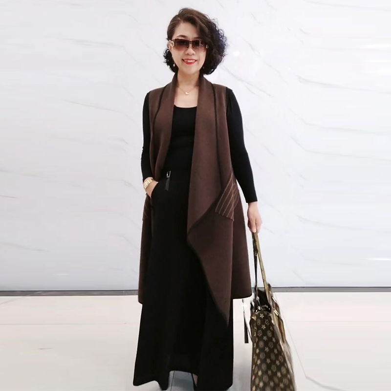 2023年秋冬v领不规则宽松大码加长马甲女中长款条纹开衫毛衣背心