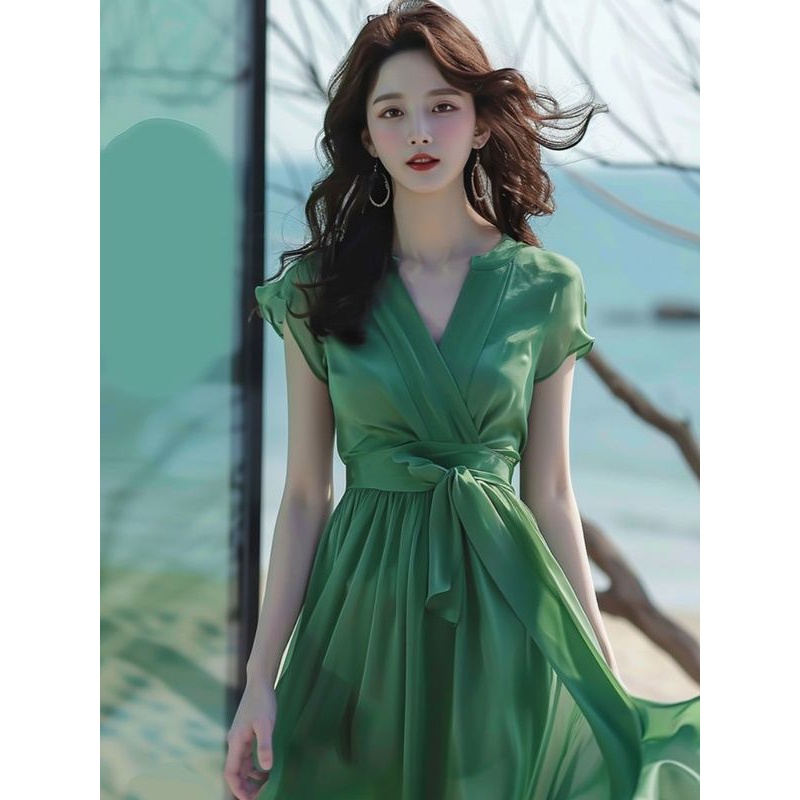 海边度假风绿色雪纺连衣裙夏款茶歇法式气质绝美初恋清纯奶甜裙子