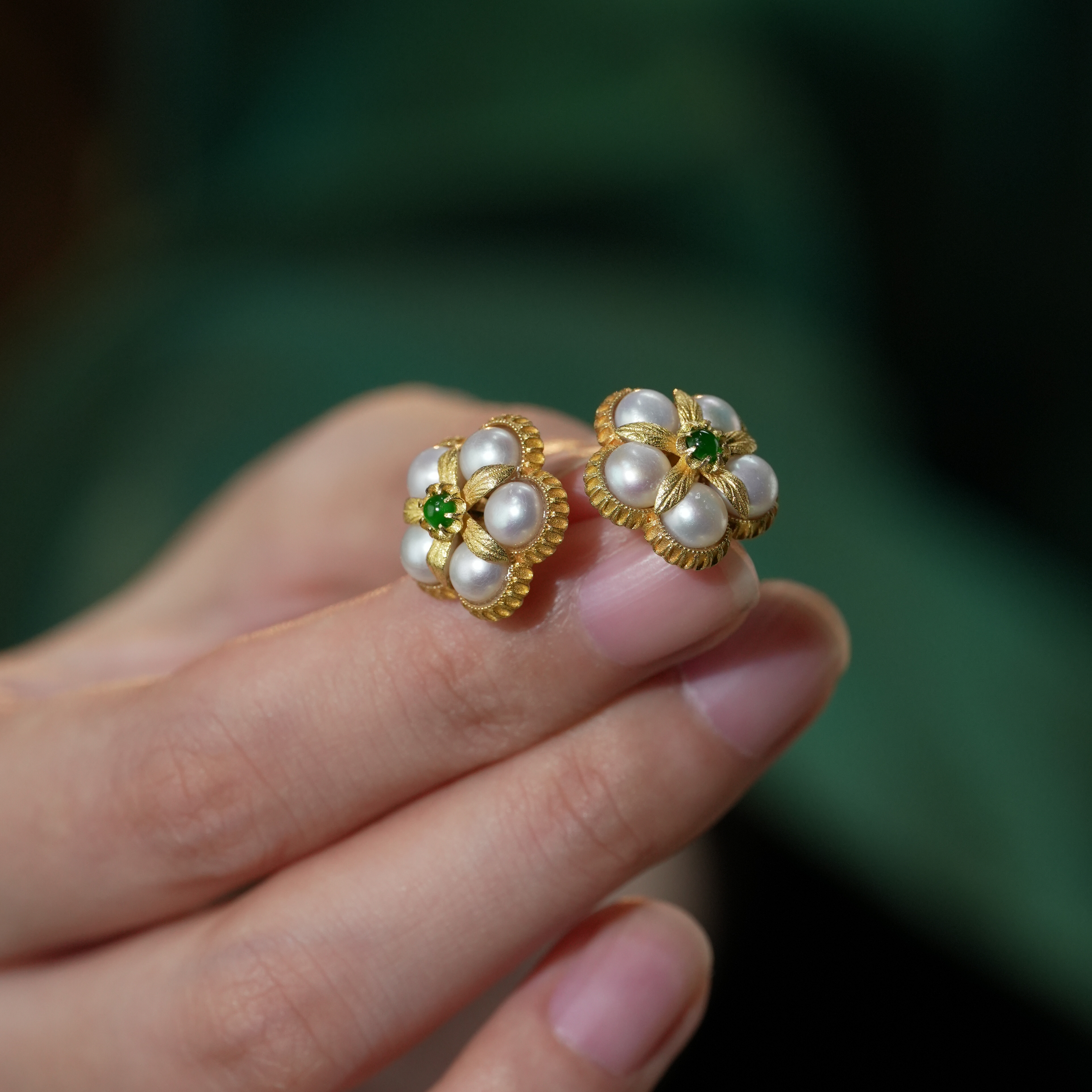 【观月】【梅】18K金翡翠珍珠耳钉优雅精致古法宫廷风复古