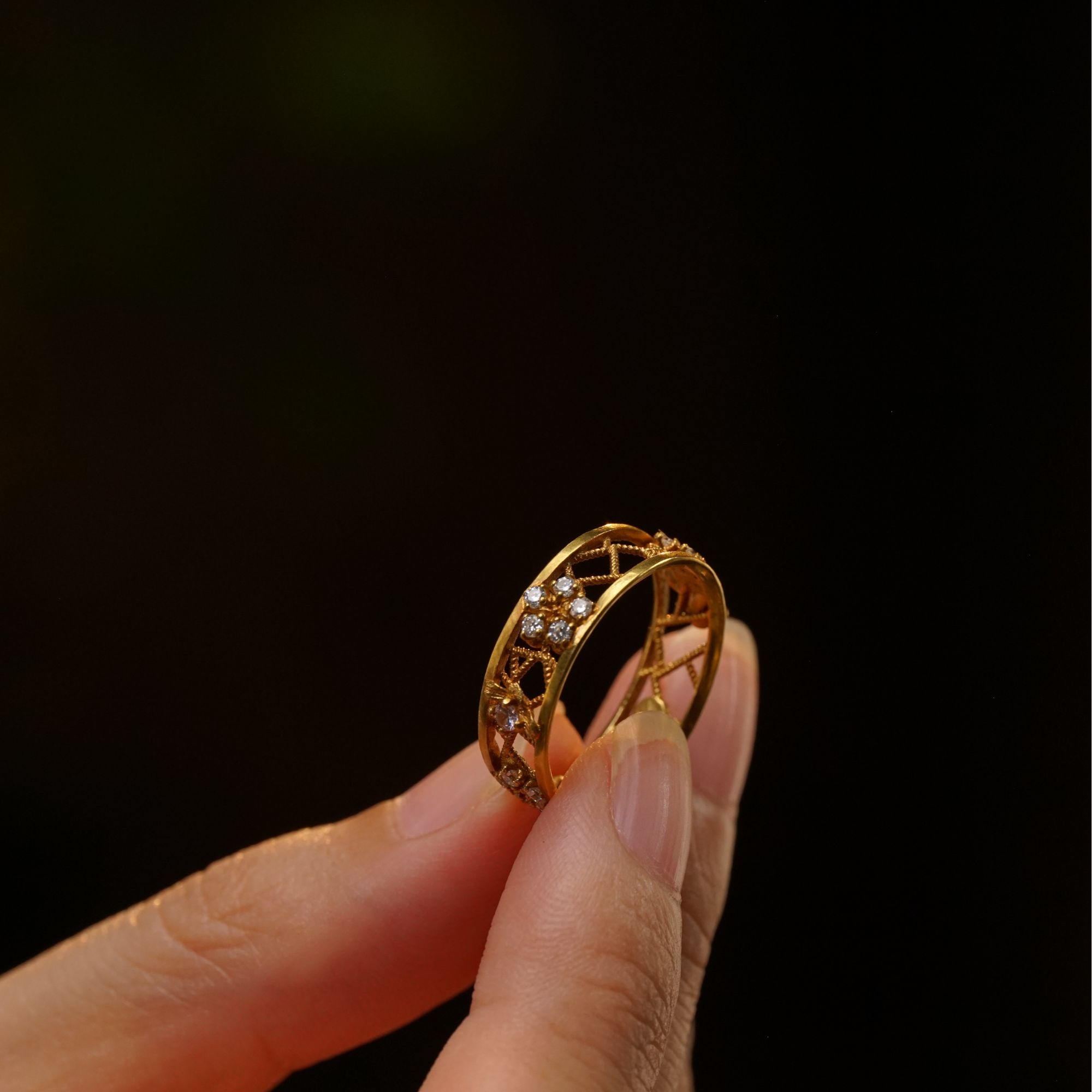 【观月】复古梅花冰裂纹窗格戒指  18K金复古戒指指环蓝宝石