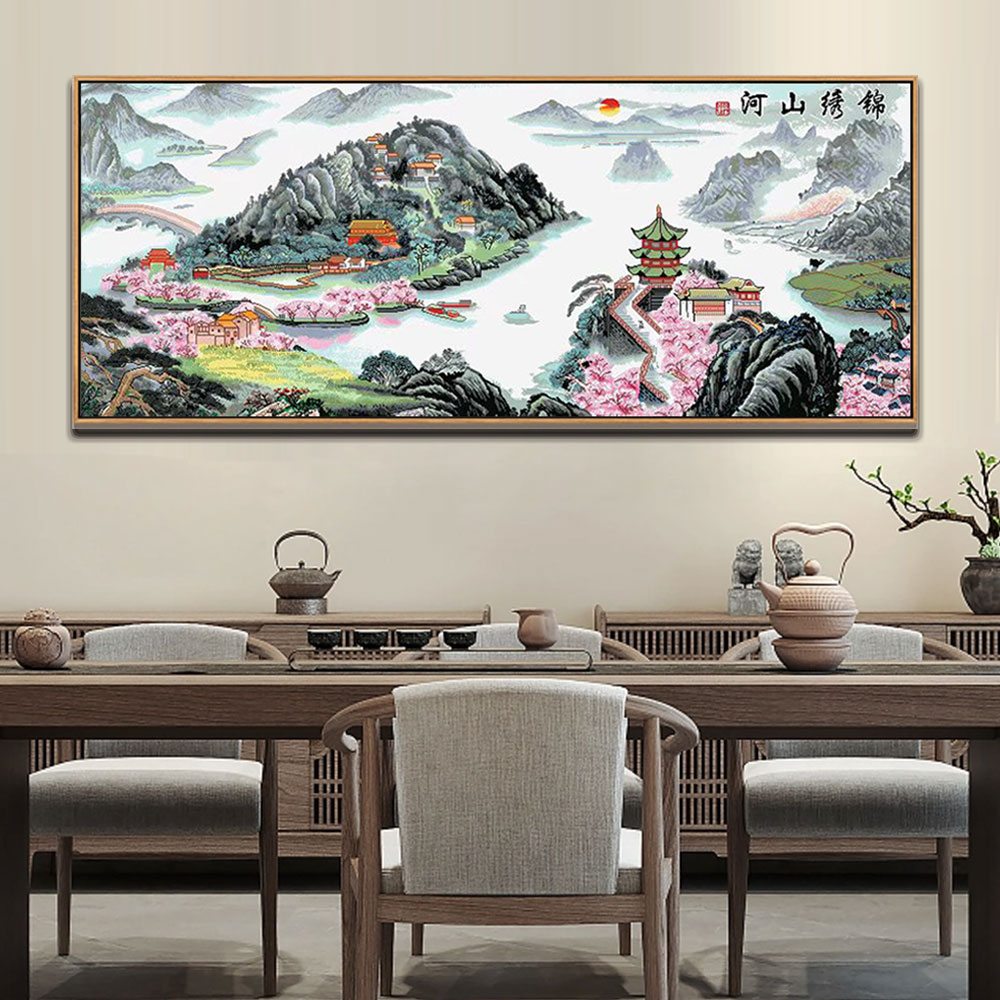 百丝特【锦绣山河（满钻圆钻）】国风艺术传统档次山水客厅手工钻石画