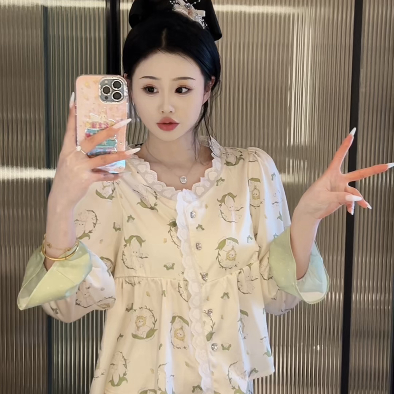 （铃兰小猫）秋季睡衣女可爱显瘦减龄带胸垫套装家居服可外穿花边