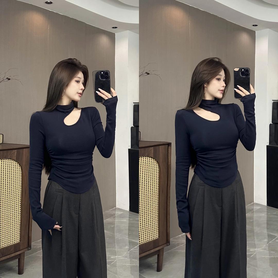 小心机设计感镂空半高领长袖T恤女秋冬薄绒打底上衣显瘦辣妹紧身