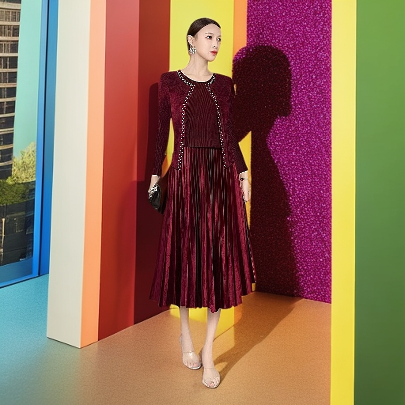 【文文家】SK318金钻绒钉珠假两件连衣裙&冬季轻奢时尚女装