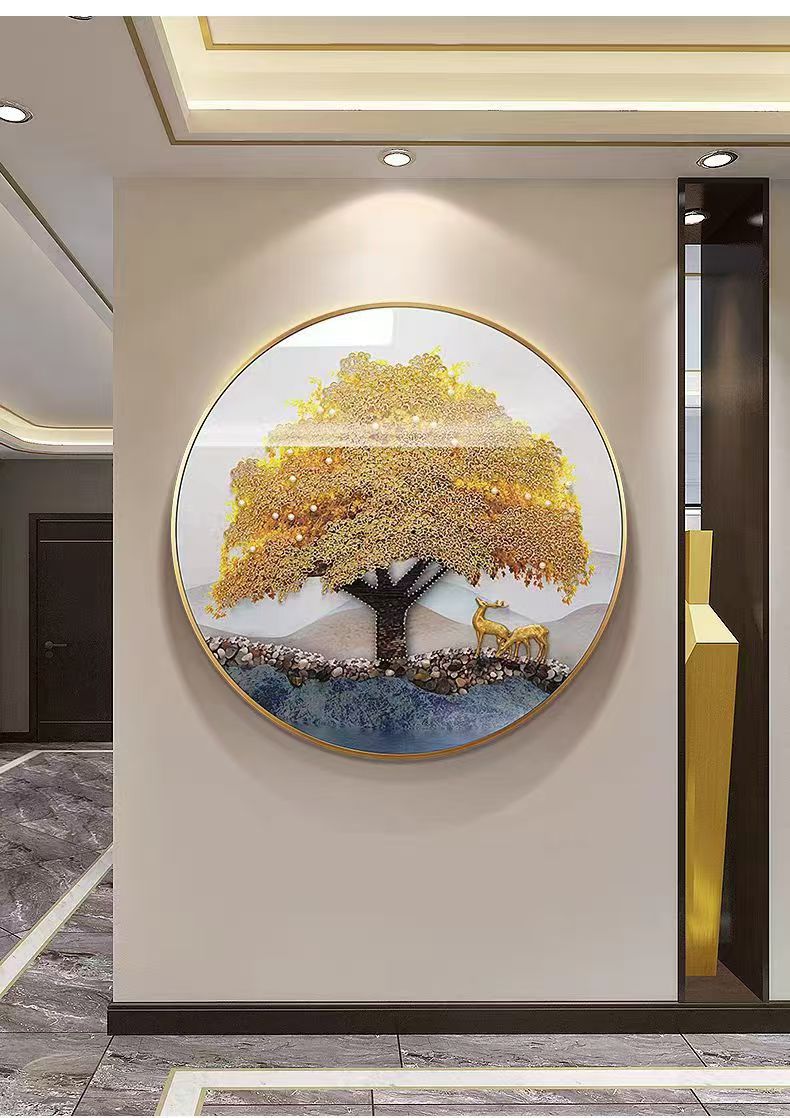 D119【金秋大业】客厅餐厅玄关画纯手工立体镶嵌高端圆形玻璃装饰画