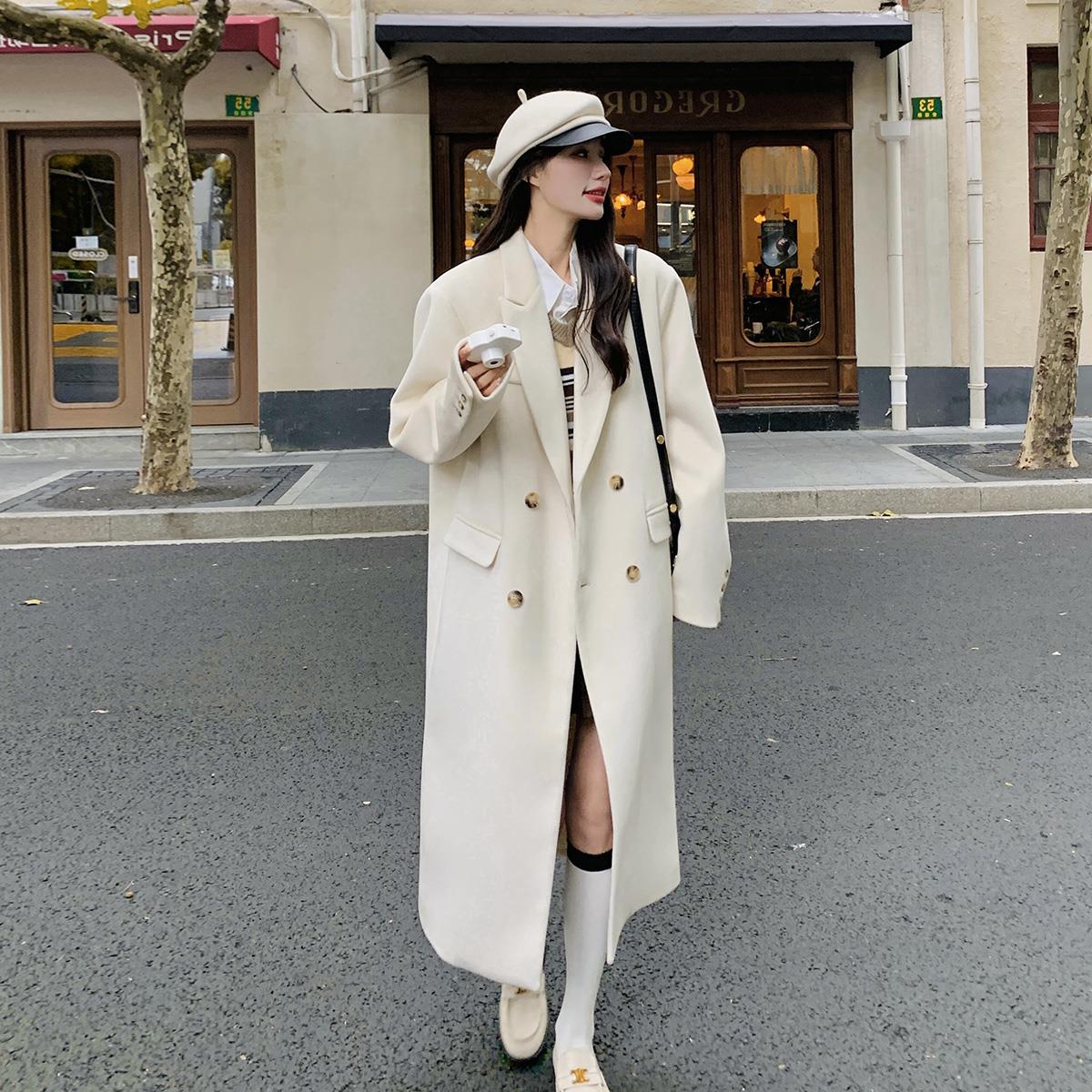 设计感白色毛呢外套女2023冬季新款韩系气质长版正肩西装呢子大衣