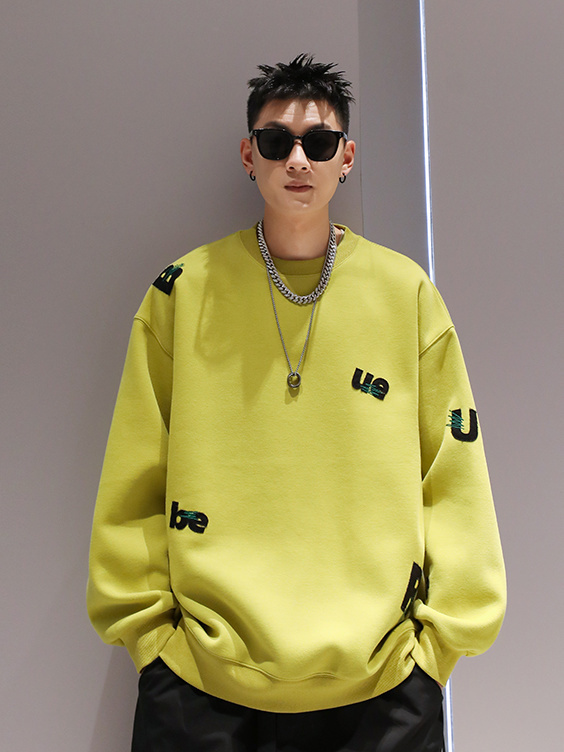 美式重磅刺绣字母圆领卫衣男士春秋高级感宽松情侣装休闲外套潮男