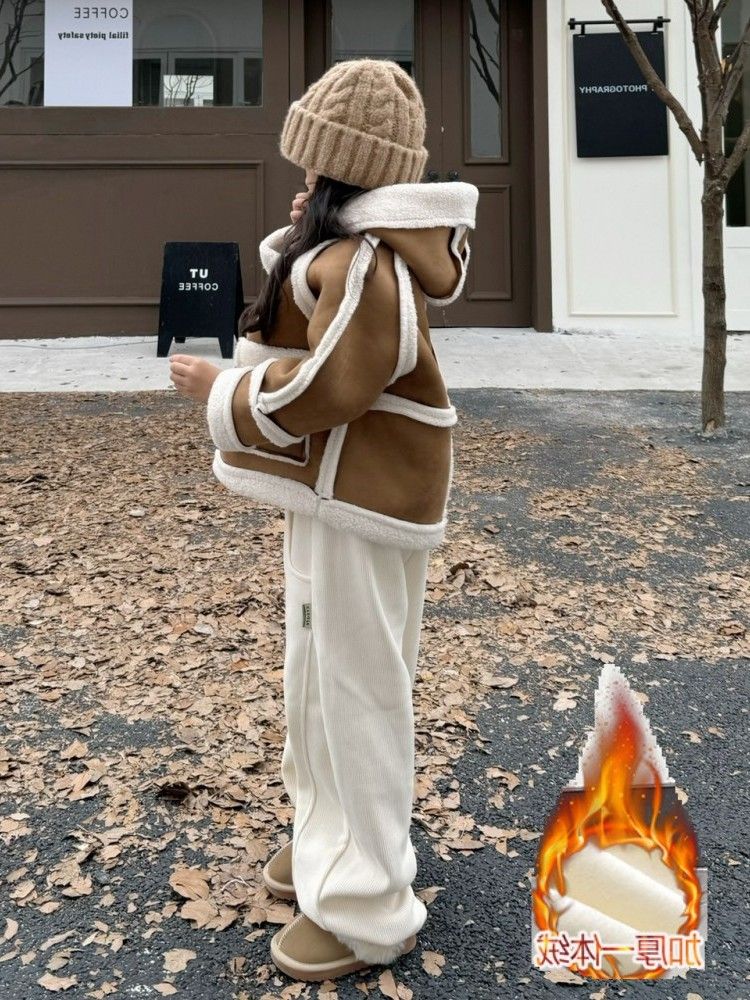 女童加绒外套裤子两件套秋冬2023新款韩版儿童冬装皮毛一体洋气潮