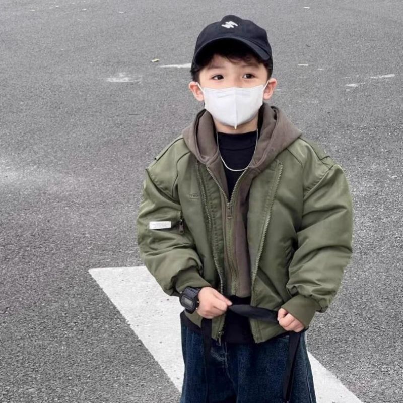 男童冬季加厚外套2023新款洋气儿童连帽棉棒球服宝宝假两件夹棉衣