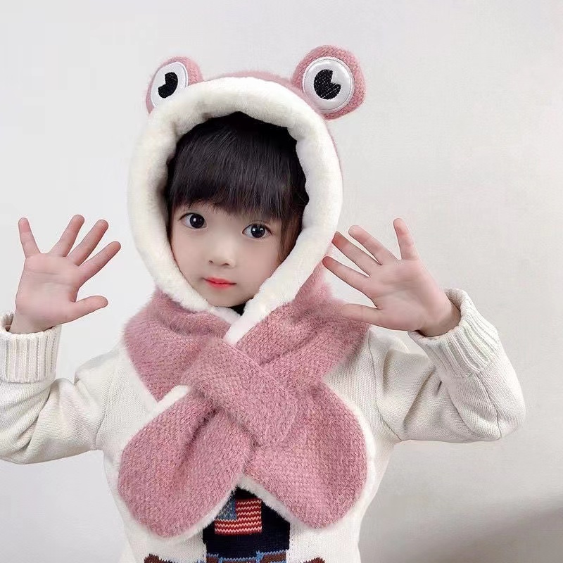 可爱小青蛙两件套保暖帽子儿童围巾宝宝毛绒围脖儿童帽护耳帽卡通