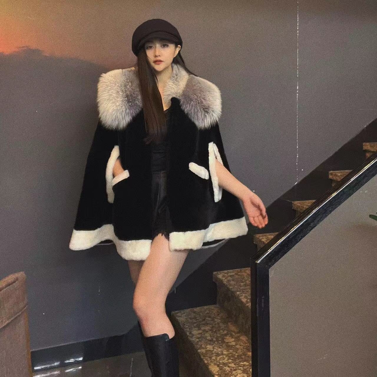 LL【女王优选】潮品时尚冬季秀款气质设计师皮毛一体皮草外套989145