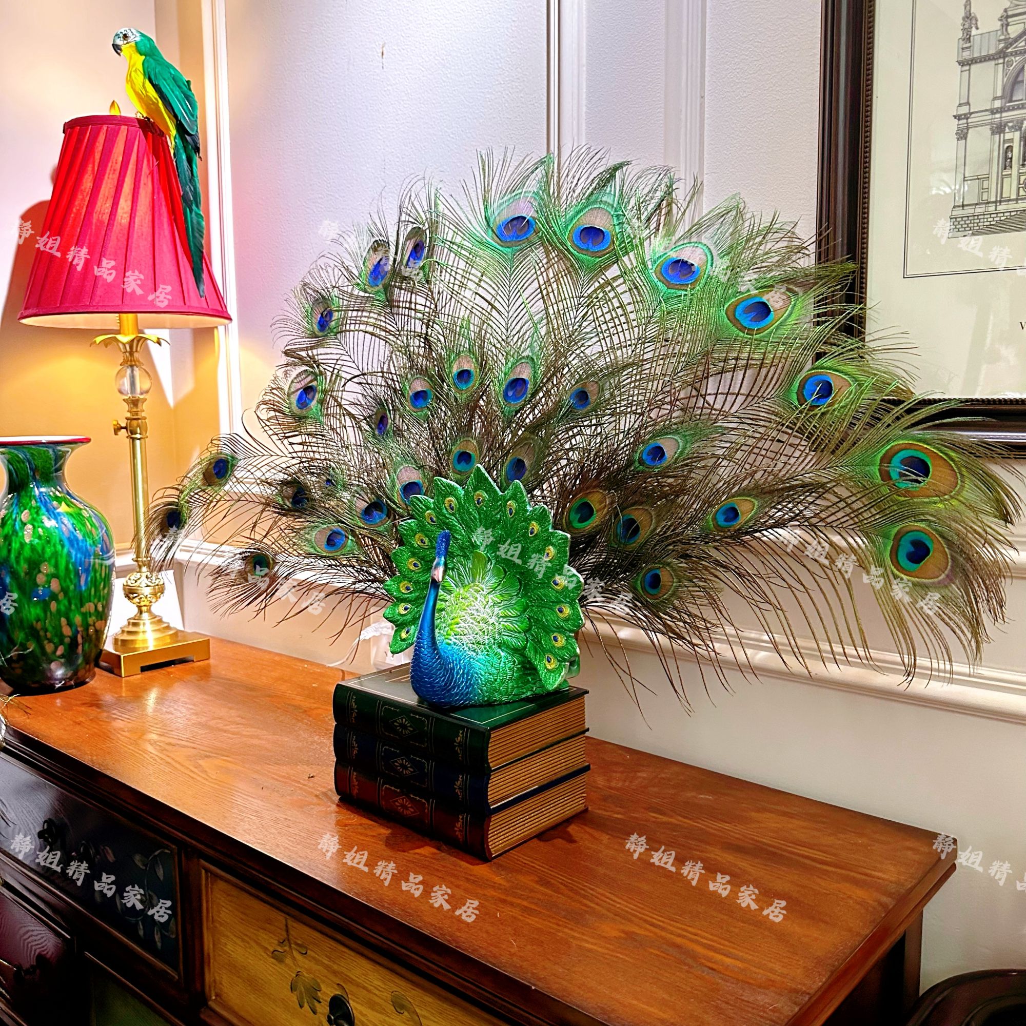 孔雀开屏仿真手工羽毛摆件复古风格客厅阳台微景观摆件