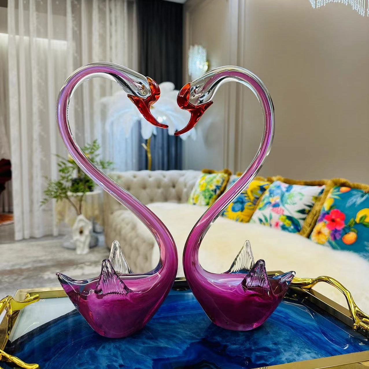 轻奢高端定制欧式法式琉璃天鹅手工创意酒柜摆件