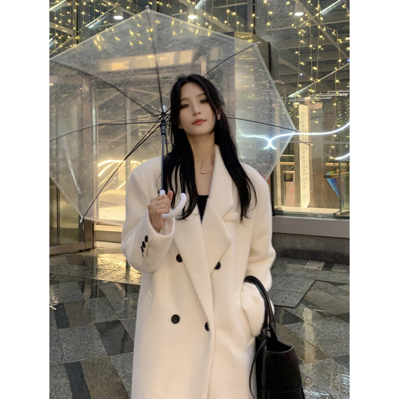 高个子加长版呢子大衣女长款2024冬季高级感加厚正肩白色毛呢外套