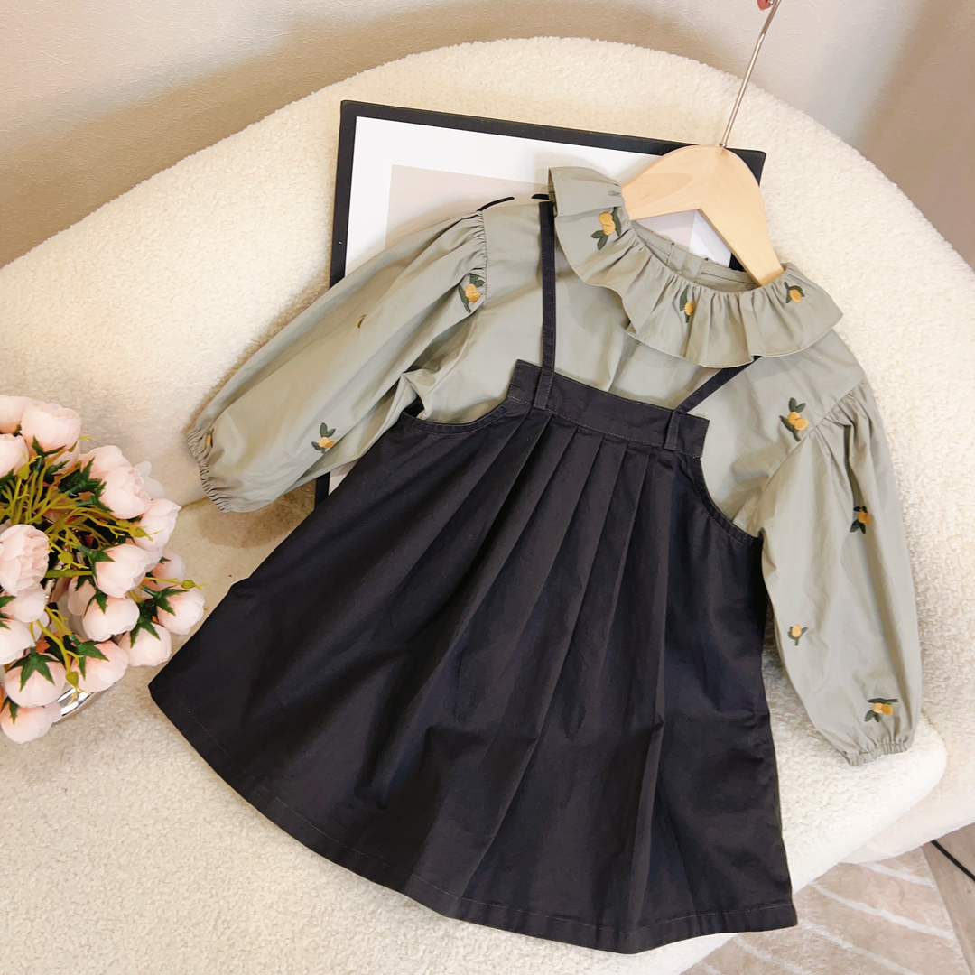 韩国童装女童娃娃衫套装2023新款背带裙时尚洋气长袖春秋宝宝长袖