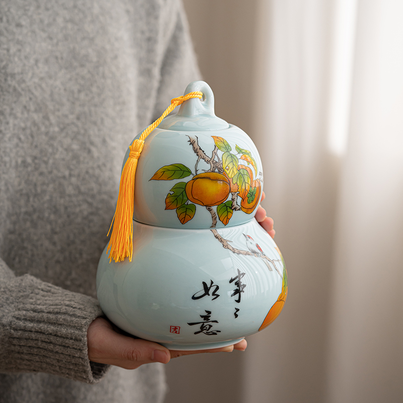 柿柿如意柿子陶瓷茶叶罐密封罐茶罐储存罐储存罐空罐家用摆件创意