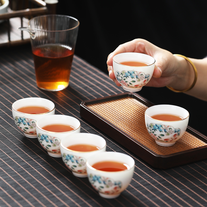 羊脂玉瓷功夫茶杯描金仿手绘品茗杯家用主人杯茶具单杯中式小清新