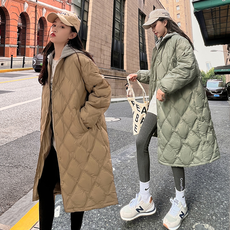 【可拆卸帽】2025秋冬新款轻薄款棉衣女长款过膝棉服菱形格棉袄外套