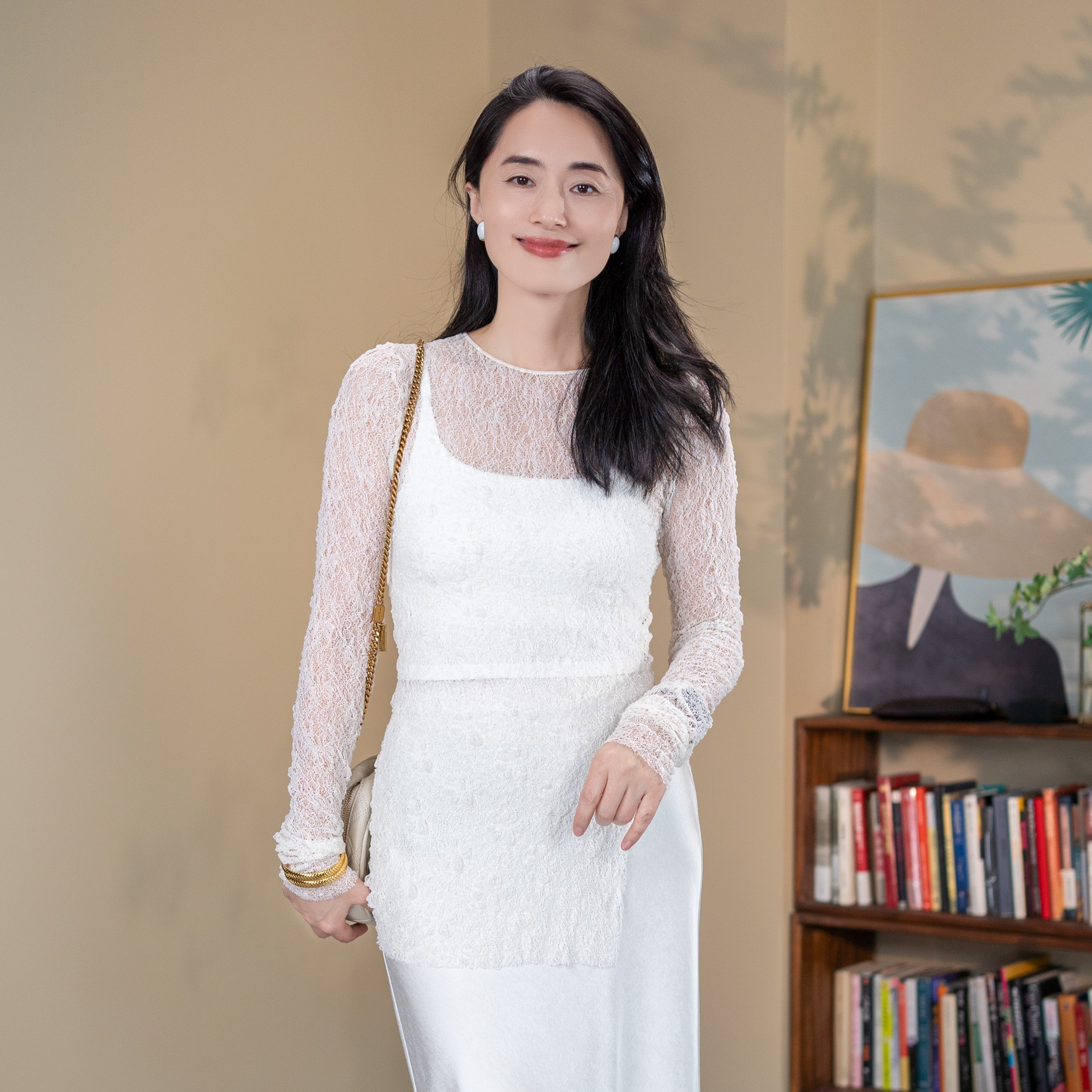 【安雅推荐】修身中长款秋冬透视针织衫白色上衣显瘦打底衫长袖时尚