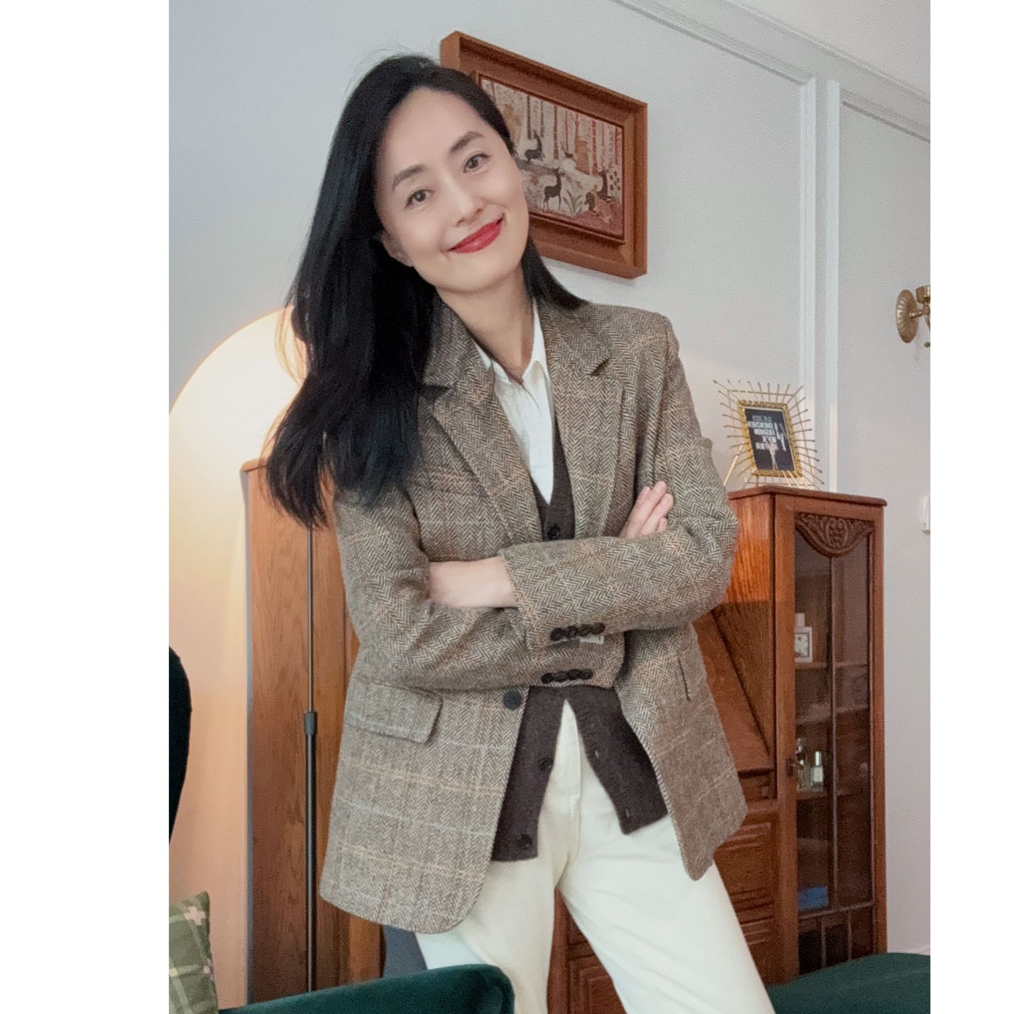 【安雅精选】复古粗纺格纹西装外套