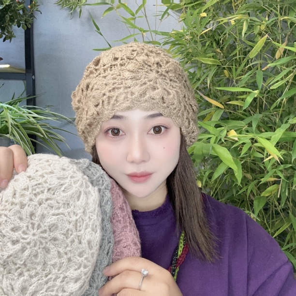 秋冬新款手工钩花双层镂空针织帽时尚百搭优雅包头帽显脸小网红