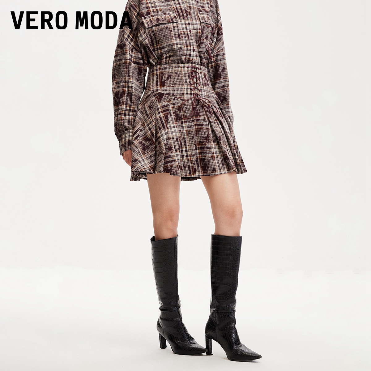 Vero Moda短裙女秋冬新款前绑带百褶少女洋气百搭时尚324416021