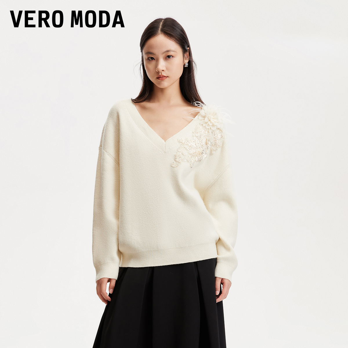 Vero Moda欧若风针织衫商场同款立体装饰宽松V领百搭325113022