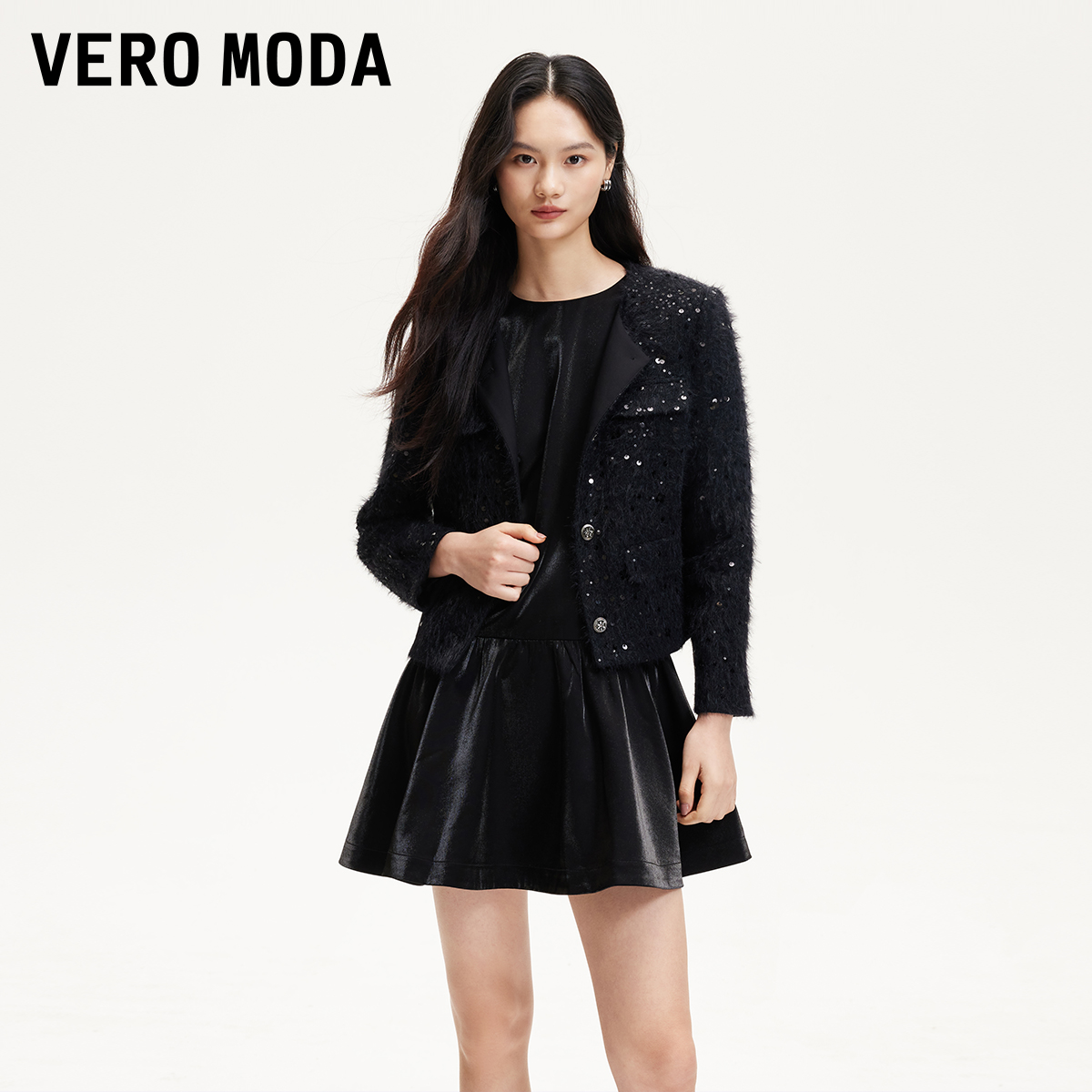 Vero Moda小众洋气女装连衣裙真两件小香风外套光泽感32517D017