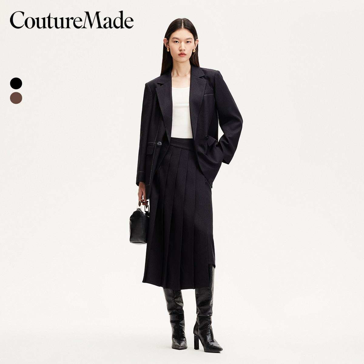 Couture Made半身裙女装A字竖条纹百褶半身裙百搭流光风325116014