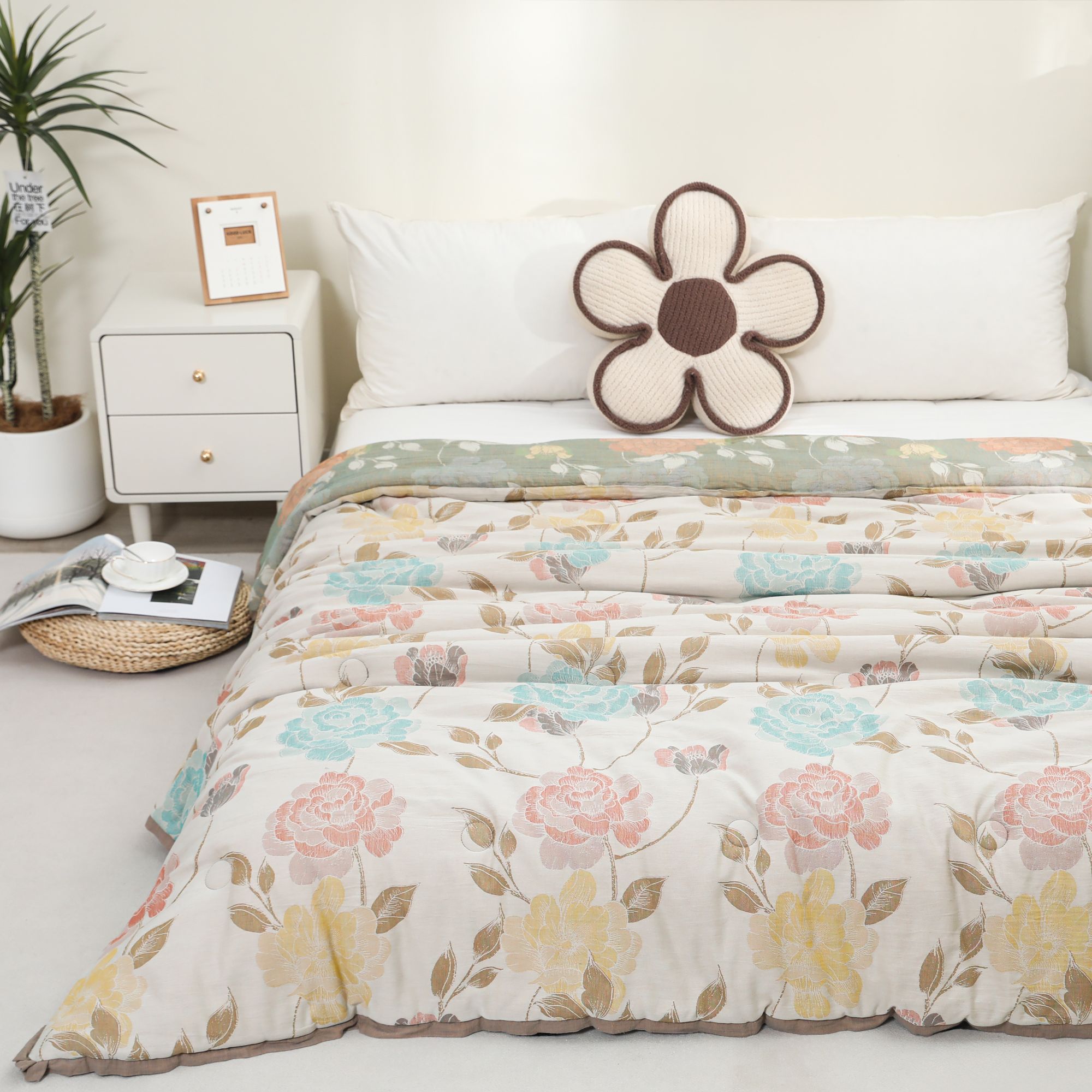 【牡丹黄绿】150*200cm高端A类纯棉双层纱柔软可机洗春秋大豆被